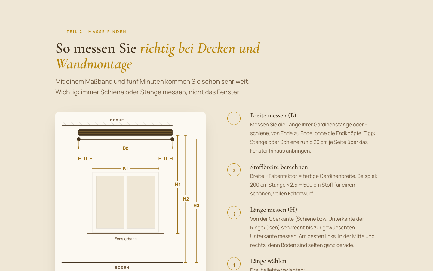 Measuring guide “So messen Sie richtig bei Decken und Wandmontage” on gardinen-ideen.de with a dimension sketch